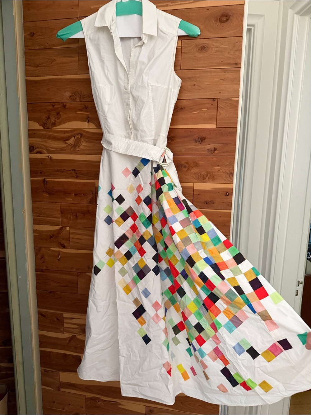 Akris Punto White Sleeveless Maxi Dress with Colorful Diamond Print